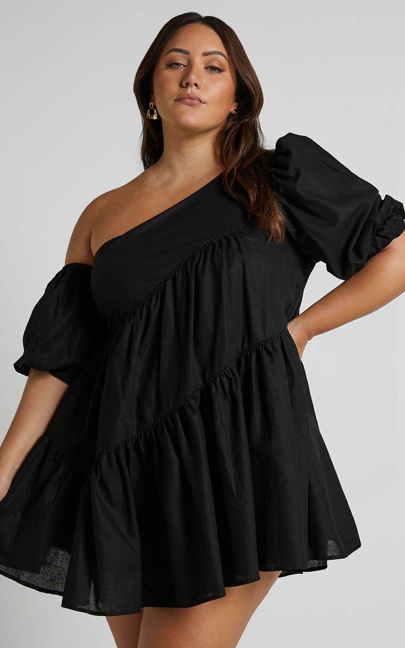 Showpo Harleen Mini Dress - Linen Look Asymmetrical Trim Puff Sleeve Dress Black | MQNJWD514