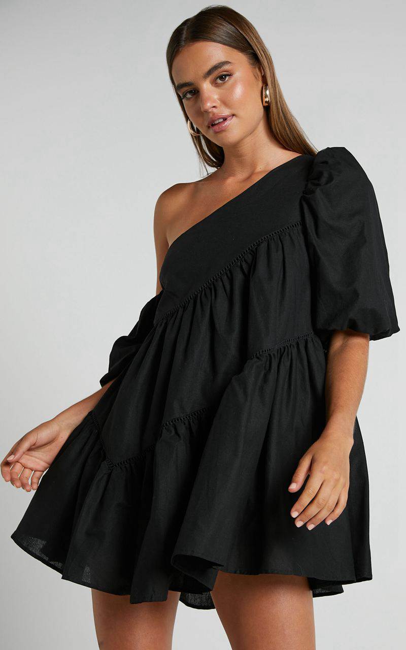 Showpo Harleen Mini Dress - Linen Look Asymmetrical Trim Puff Sleeve Dress Black | MQNJWD514