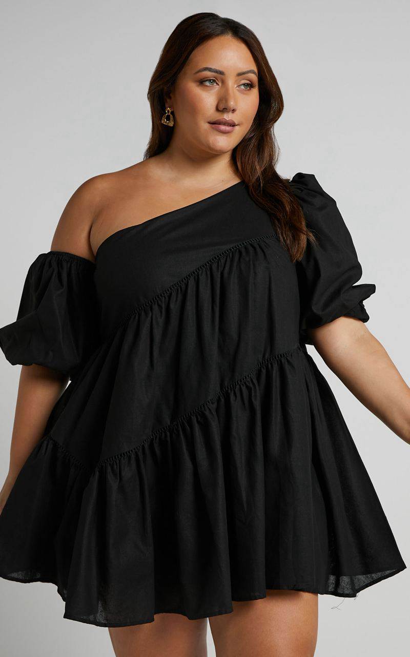 Showpo Harleen Mini Dress - Linen Look Asymmetrical Trim Puff Sleeve Dress Black | MQNJWD514