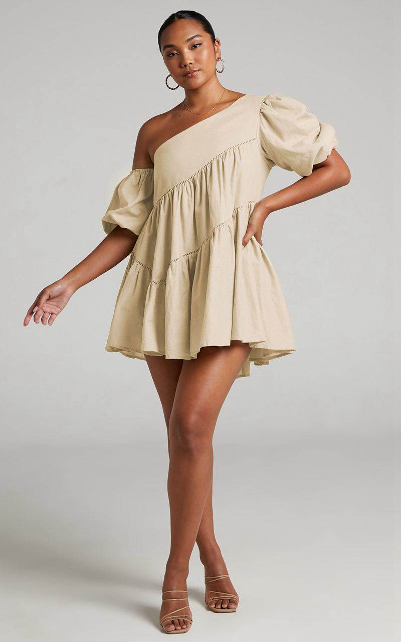 Showpo Harleen Mini Dress - Linen Look Asymmetrical Trim Puff Sleeve Dress Beige | SEZWQN498