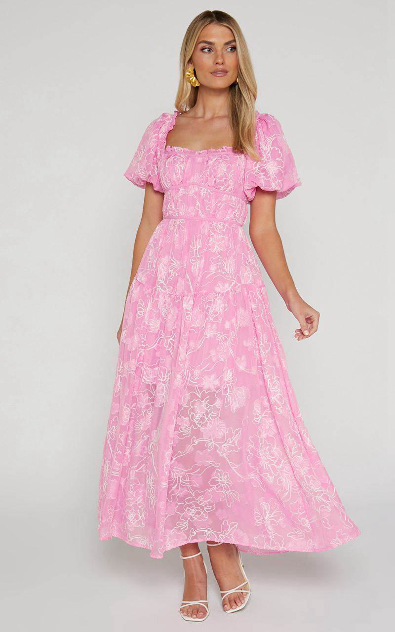 Showpo Harley Midi Dress - Puff Sleeve Dress Pink | HWGKXO087