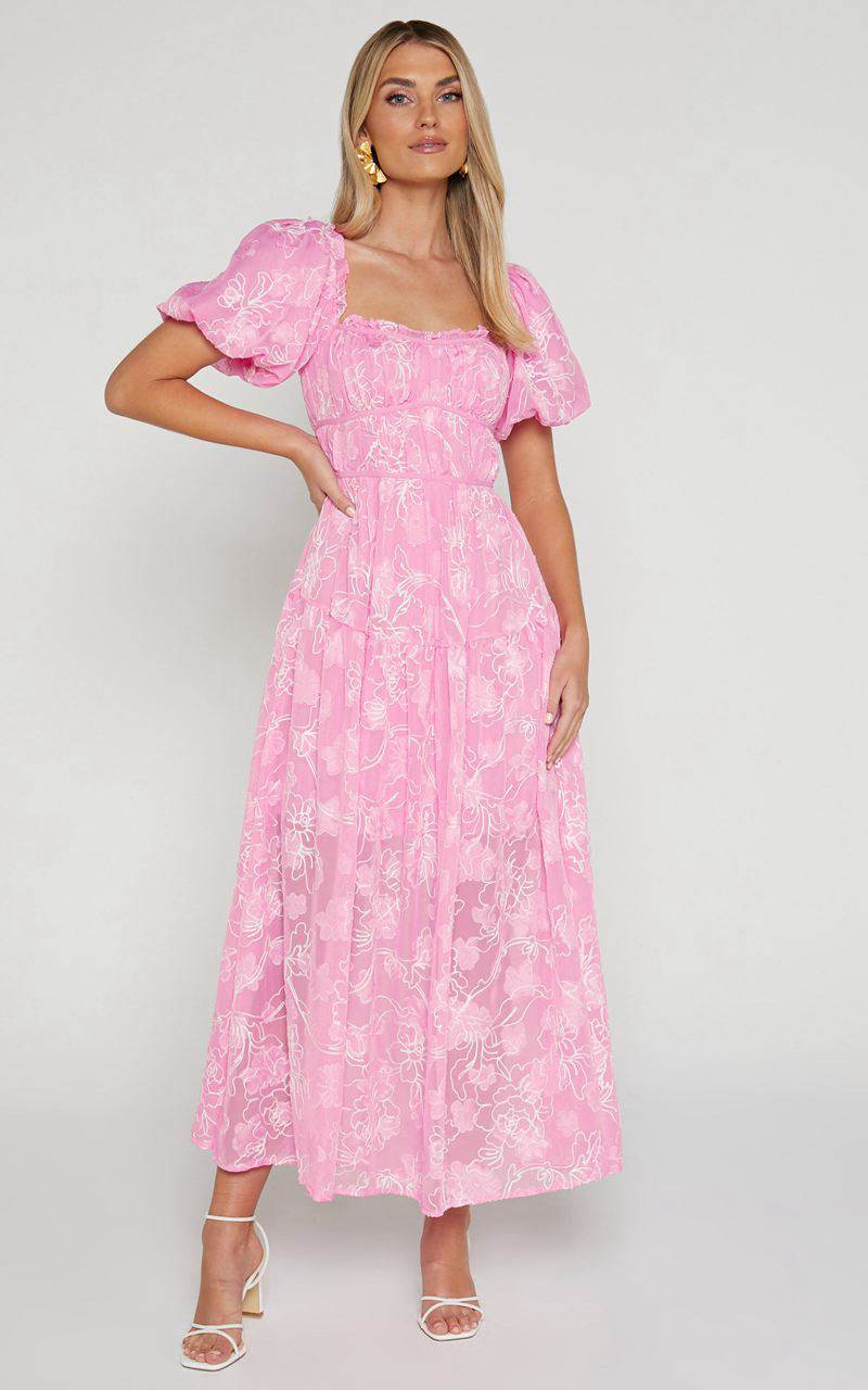 Showpo Harley Midi Dress - Puff Sleeve Dress Pink | HWGKXO087