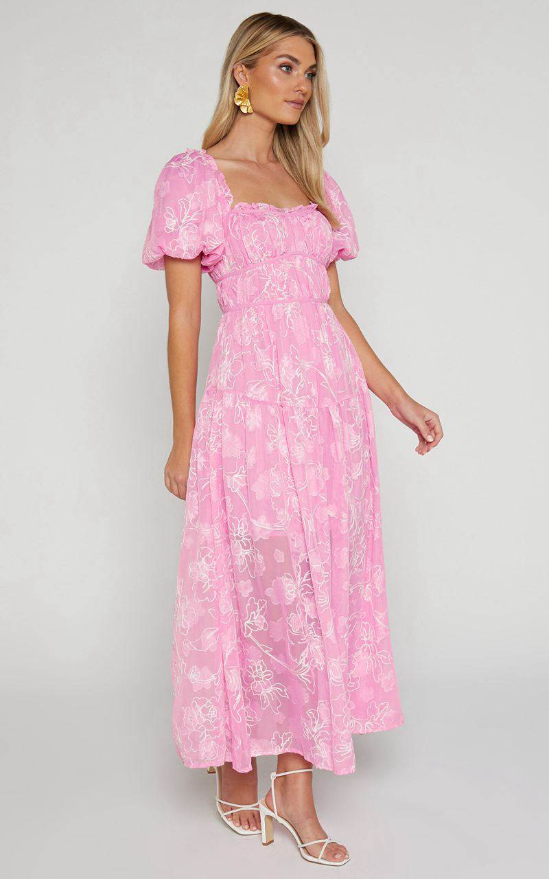 Showpo Harley Midi Dress - Puff Sleeve Dress Pink | HWGKXO087