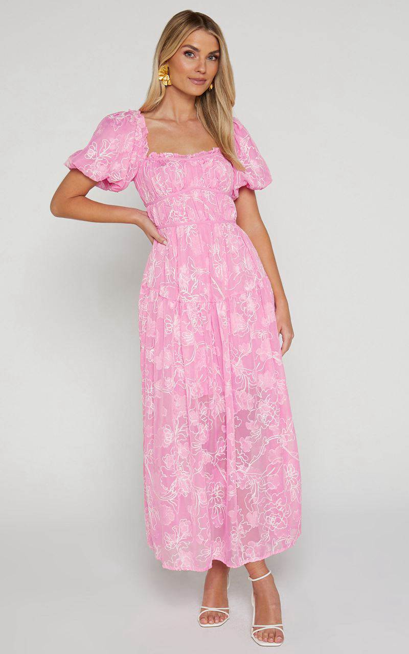 Showpo Harley Midi Dress - Puff Sleeve Dress Pink | HWGKXO087