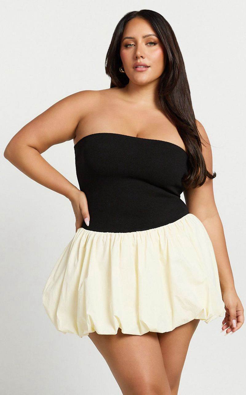 Showpo Harley Mini Dress - Strapless Drop Waist Bubble Hem Contrast Dress White Black | XSQHTR645