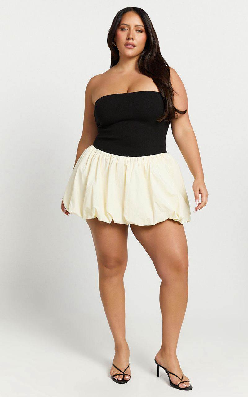 Showpo Harley Mini Dress - Strapless Drop Waist Bubble Hem Contrast Dress White Black | XSQHTR645