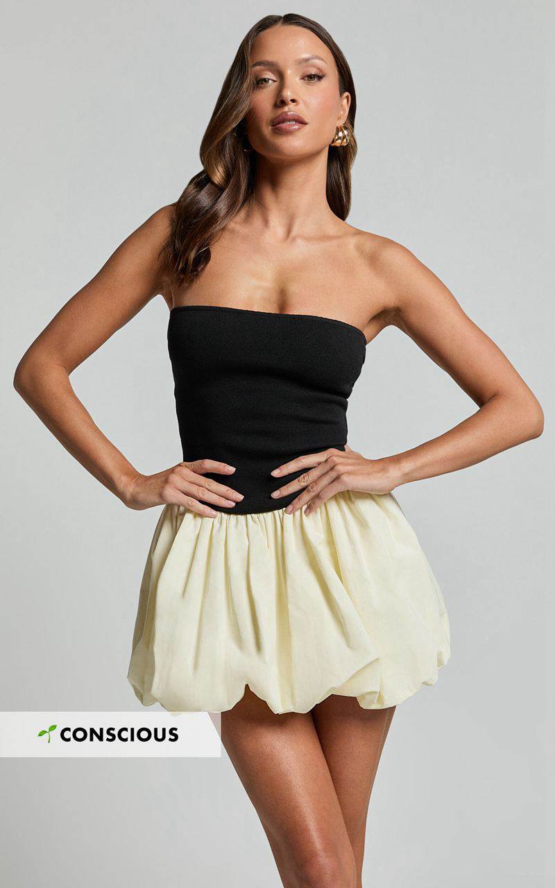 Showpo Harley Mini Dress - Strapless Drop Waist Bubble Hem Contrast Dress White Black | XSQHTR645