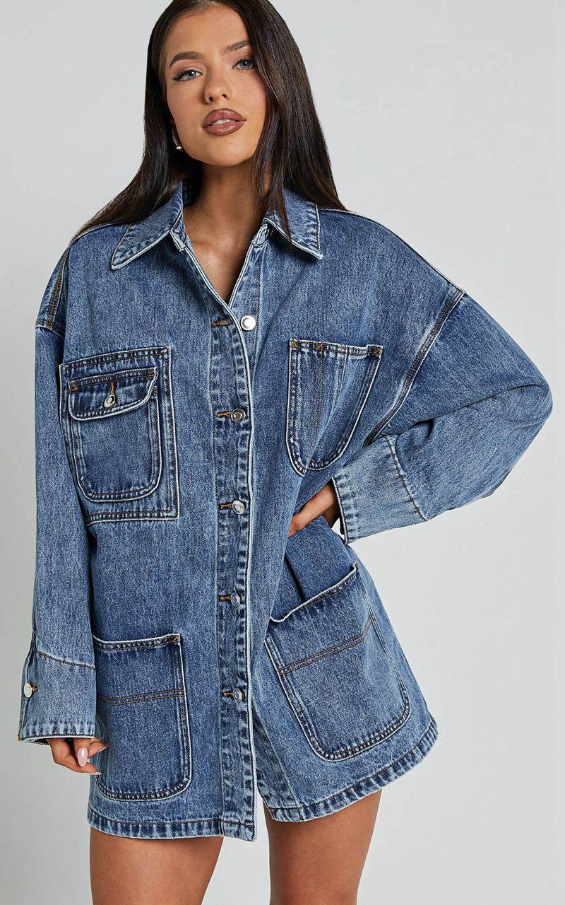 Showpo Harlow Jacket - Oversized Long Sleeve Denim Jacket Mid Blue Wash | QBCITV152