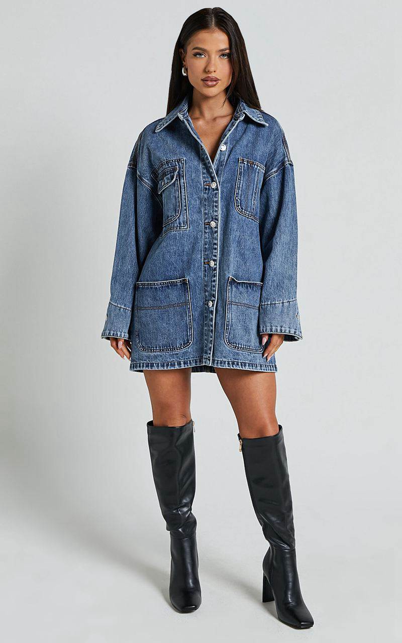 Showpo Harlow Jacket - Oversized Long Sleeve Denim Jacket Mid Blue Wash | QBCITV152