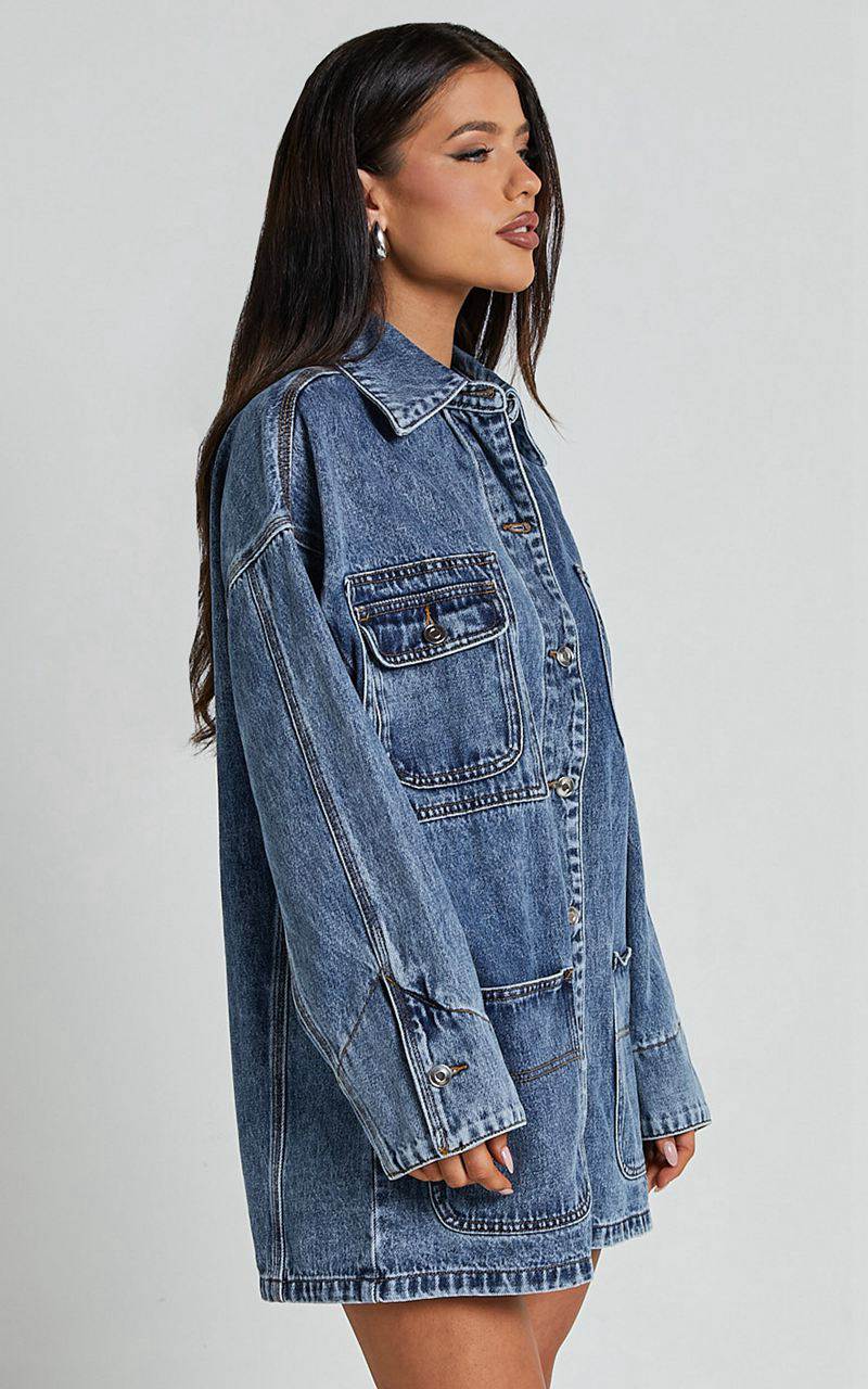 Showpo Harlow Jacket - Oversized Long Sleeve Denim Jacket Mid Blue Wash | QBCITV152