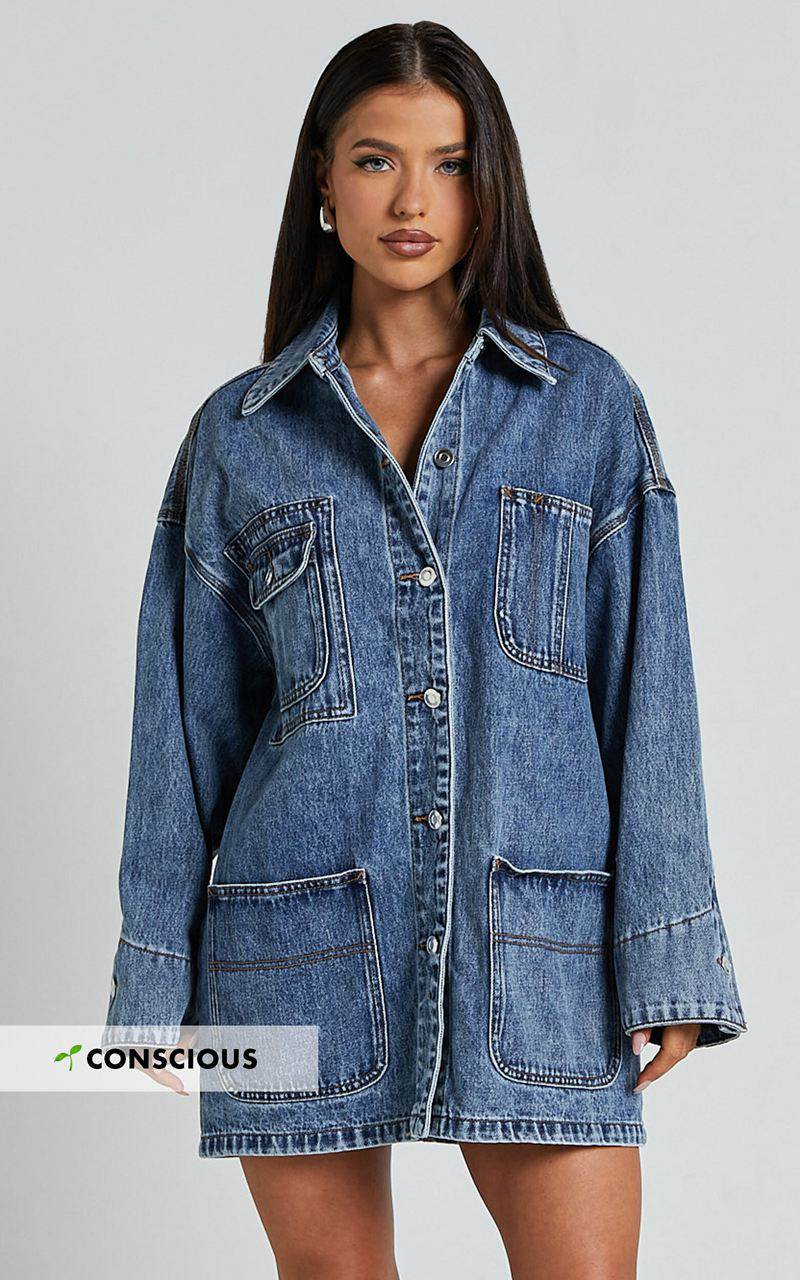 Showpo Harlow Jacket - Oversized Long Sleeve Denim Jacket Mid Blue Wash | QBCITV152