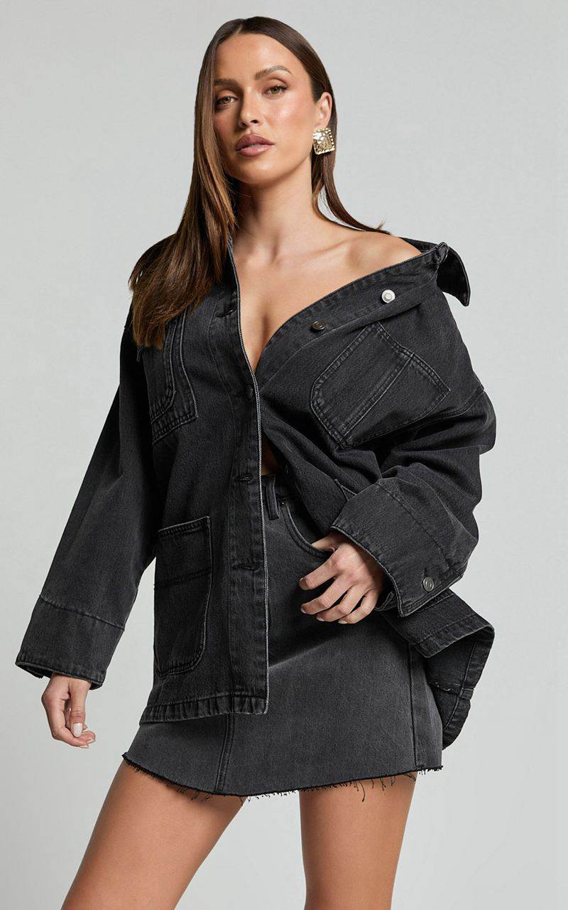 Showpo Harlow Jacket - Oversized Long Sleeve Denim Jacket Black Wash | MTOZCV243