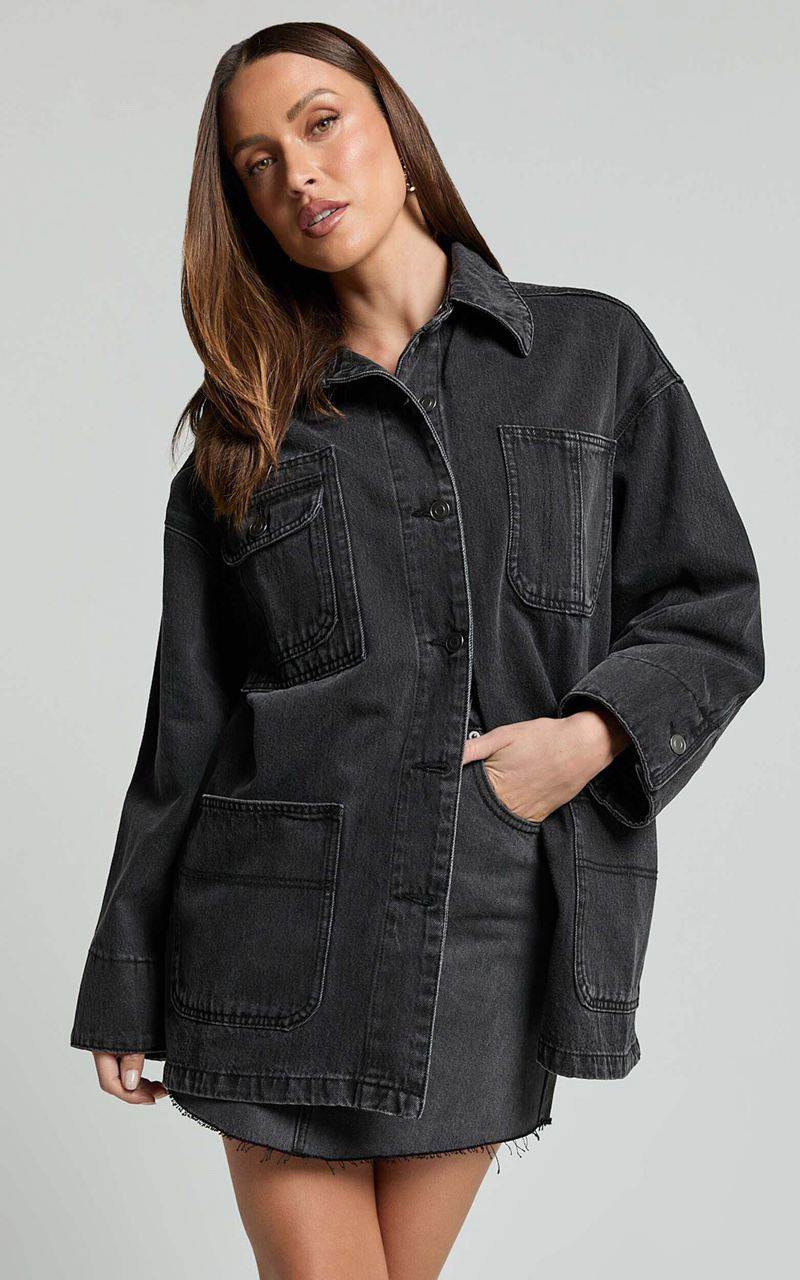 Showpo Harlow Jacket - Oversized Long Sleeve Denim Jacket Black Wash | MTOZCV243