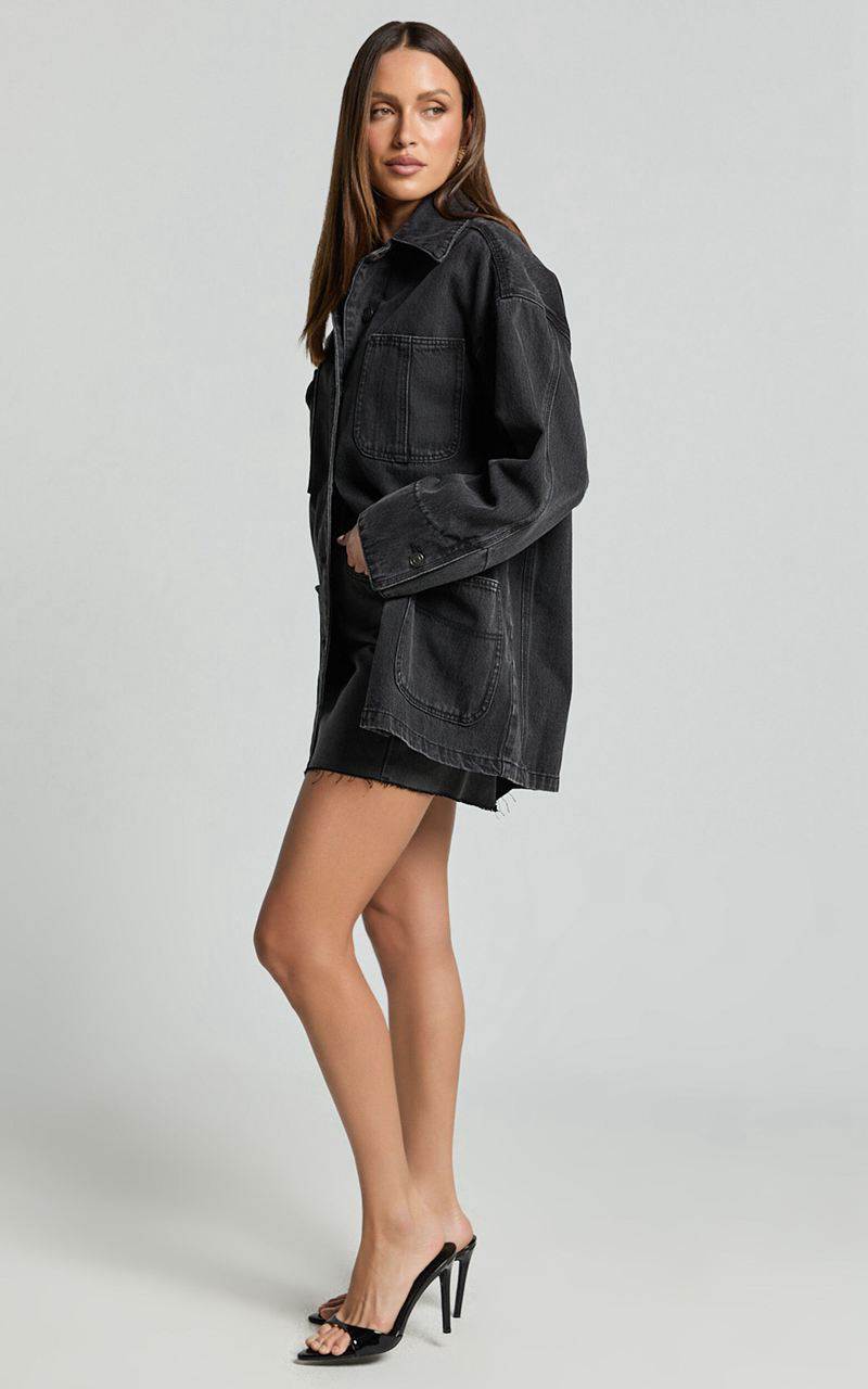 Showpo Harlow Jacket - Oversized Long Sleeve Denim Jacket Black Wash | MTOZCV243