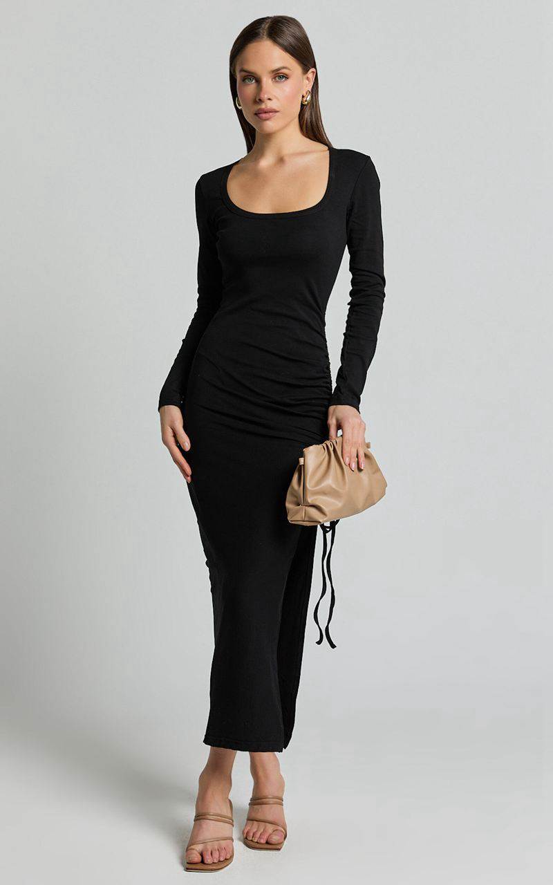 Showpo Harlow Midi Dress - Crew Neck Long Sleeve Ruched Side Split Dress Black | NCPZGX417