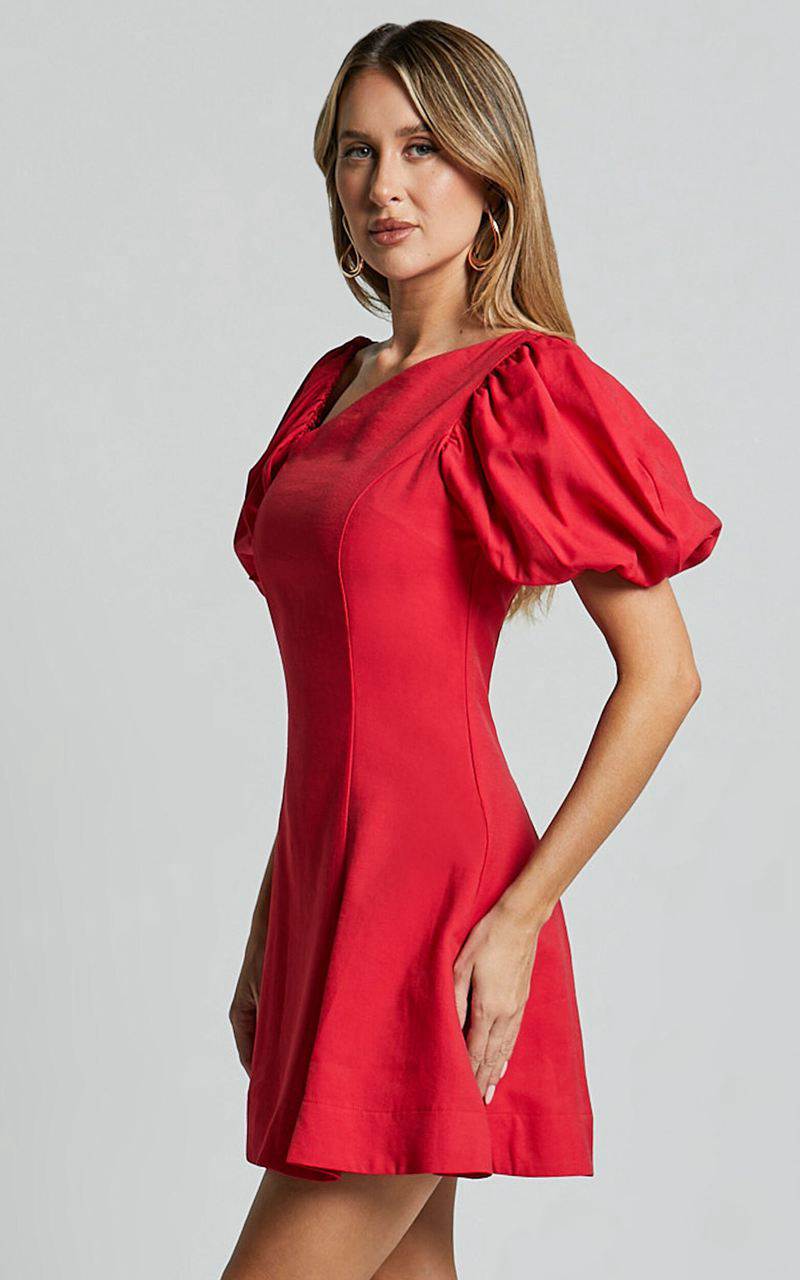 Showpo Harlow Mini Dress - Asymmetric Puff Sleeve Flare Dress Red | PCUTMW764