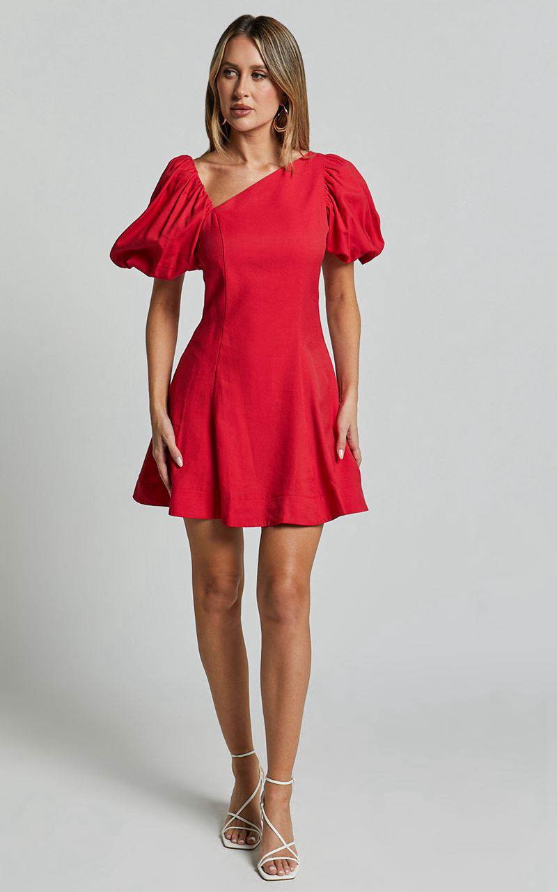 Showpo Harlow Mini Dress - Asymmetric Puff Sleeve Flare Dress Red | PCUTMW764