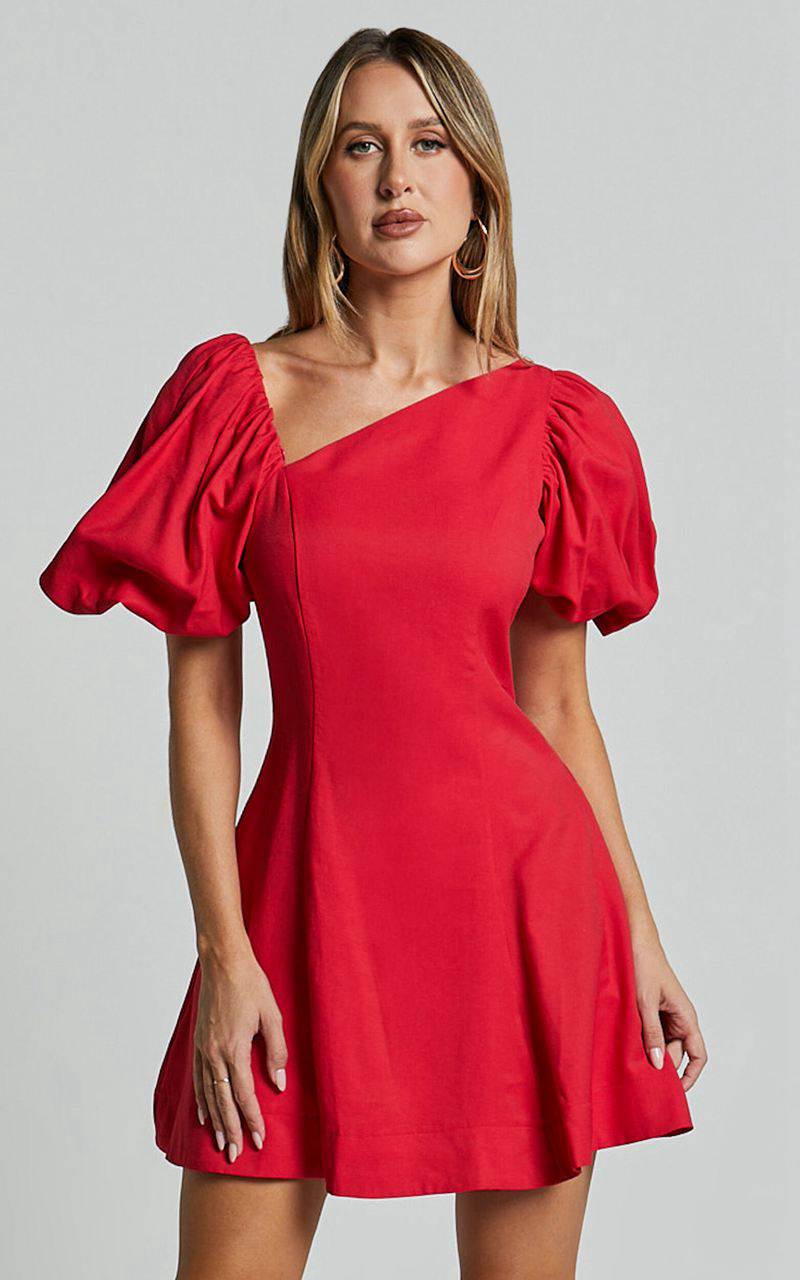 Showpo Harlow Mini Dress - Asymmetric Puff Sleeve Flare Dress Red | PCUTMW764