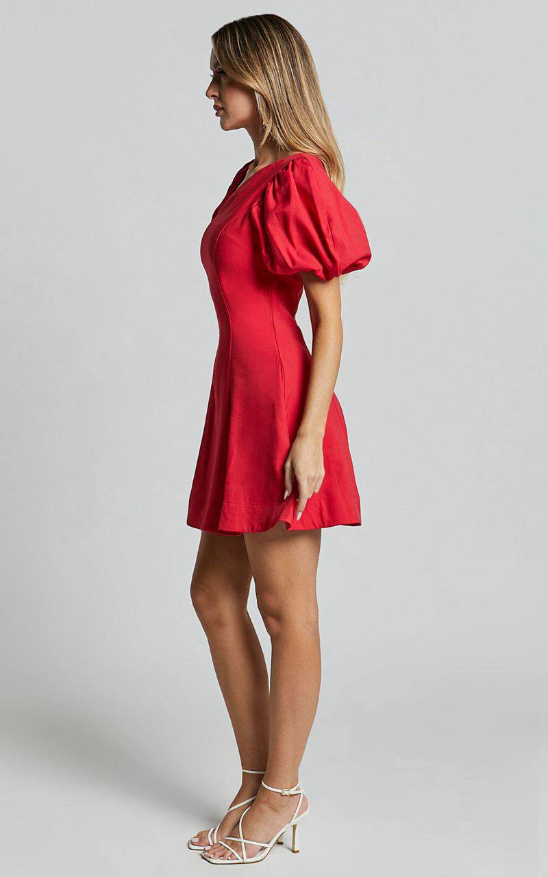 Showpo Harlow Mini Dress - Asymmetric Puff Sleeve Flare Dress Red | PCUTMW764