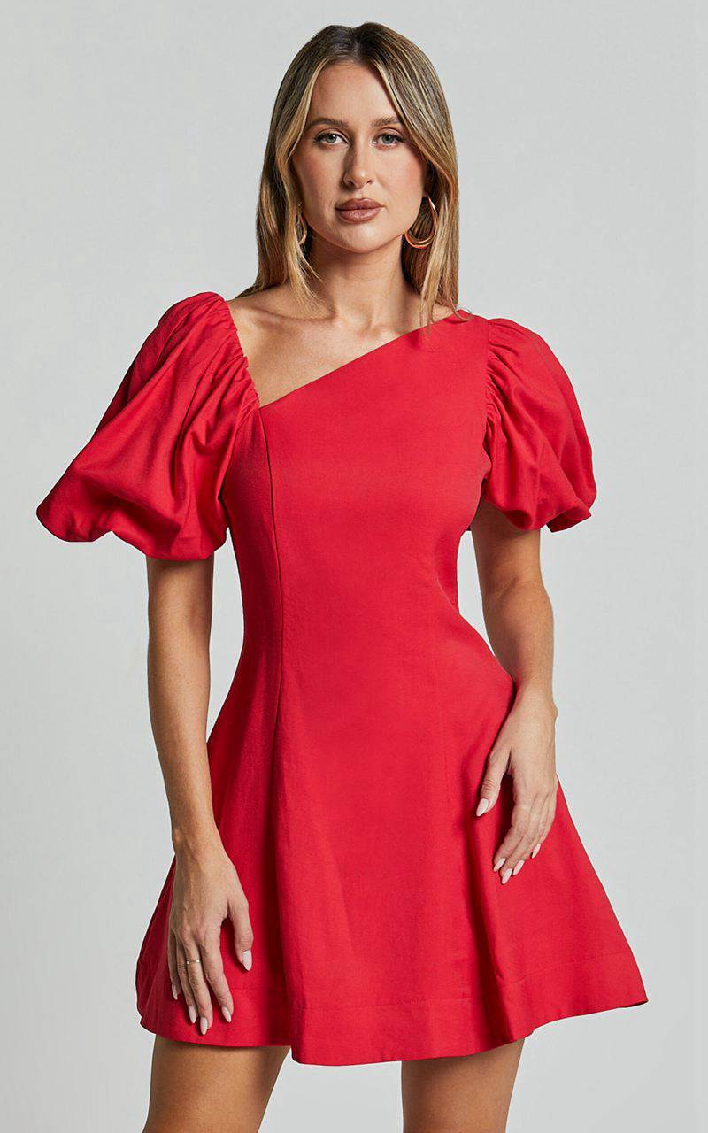 Showpo Harlow Mini Dress - Asymmetric Puff Sleeve Flare Dress Red | PCUTMW764