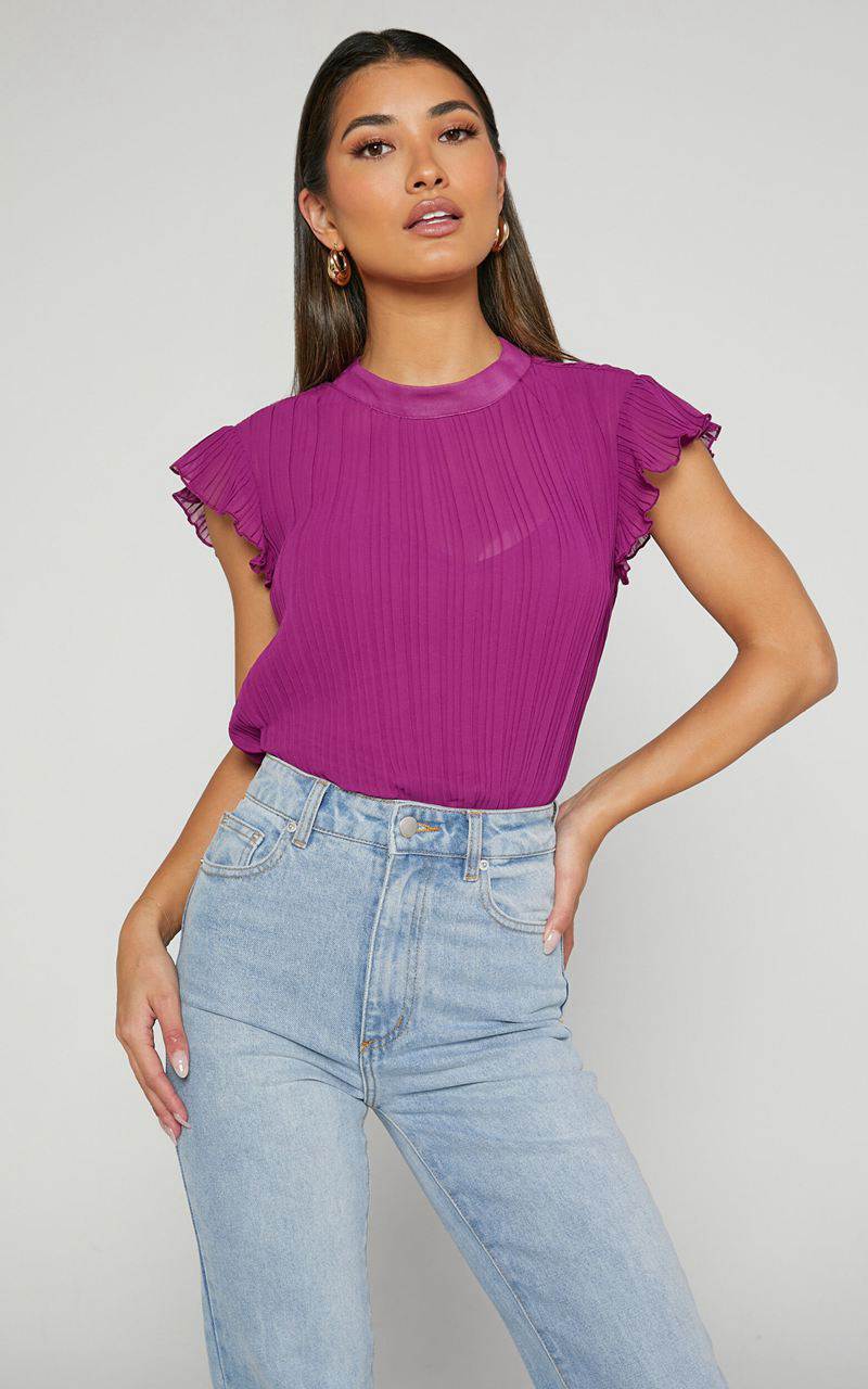 Showpo Harlow Top - High Neck Pleated Workwear Top Plum | RAZHLD263