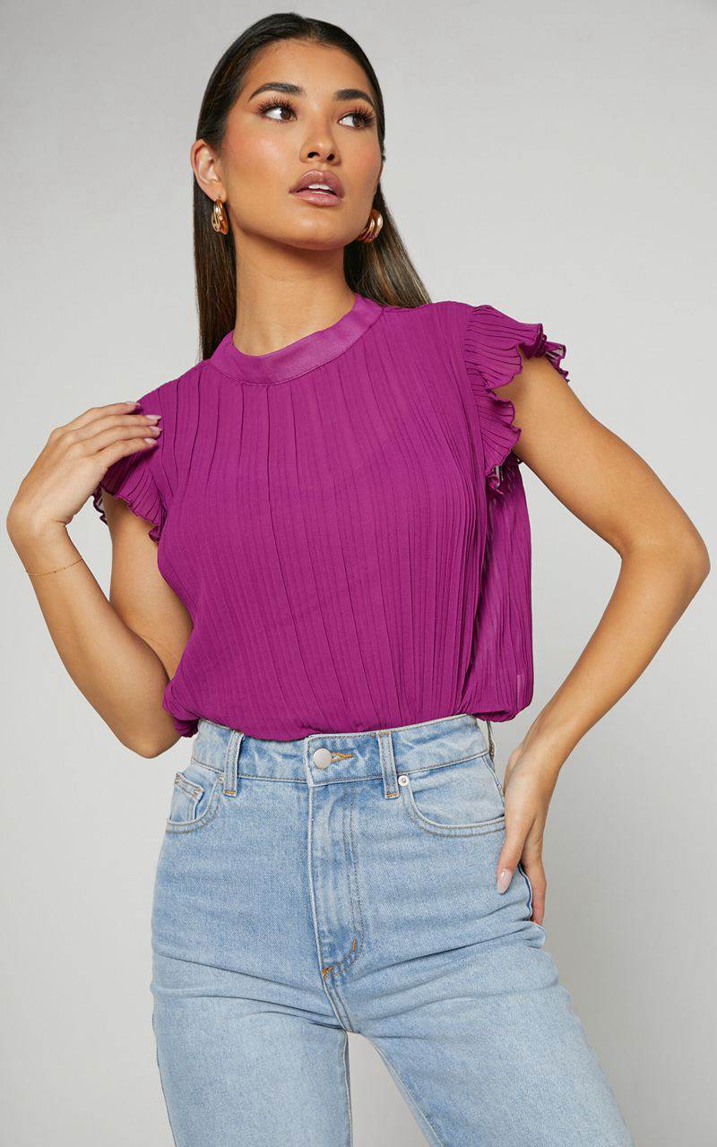 Showpo Harlow Top - High Neck Pleated Workwear Top Plum | RAZHLD263