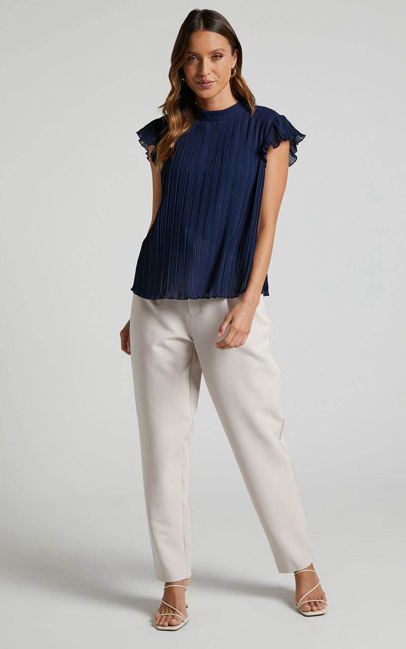 Showpo Harlow Top - High Neck Pleated Workwear Top Navy | XKINTS206