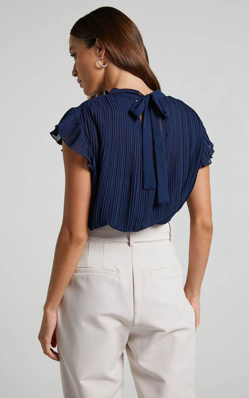 Showpo Harlow Top - High Neck Pleated Workwear Top Navy | XKINTS206