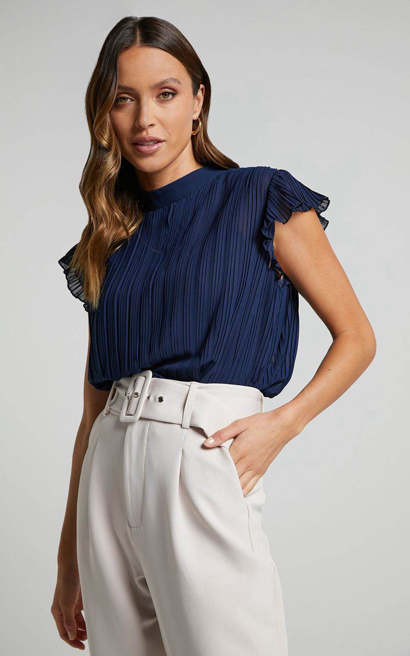 Showpo Harlow Top - High Neck Pleated Workwear Top Navy | XKINTS206