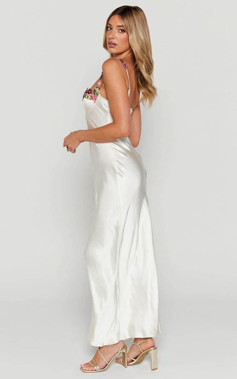 Showpo Harmony Midi Dress - Floral Detail Cup Bust Satin Dress White | QLZISJ160