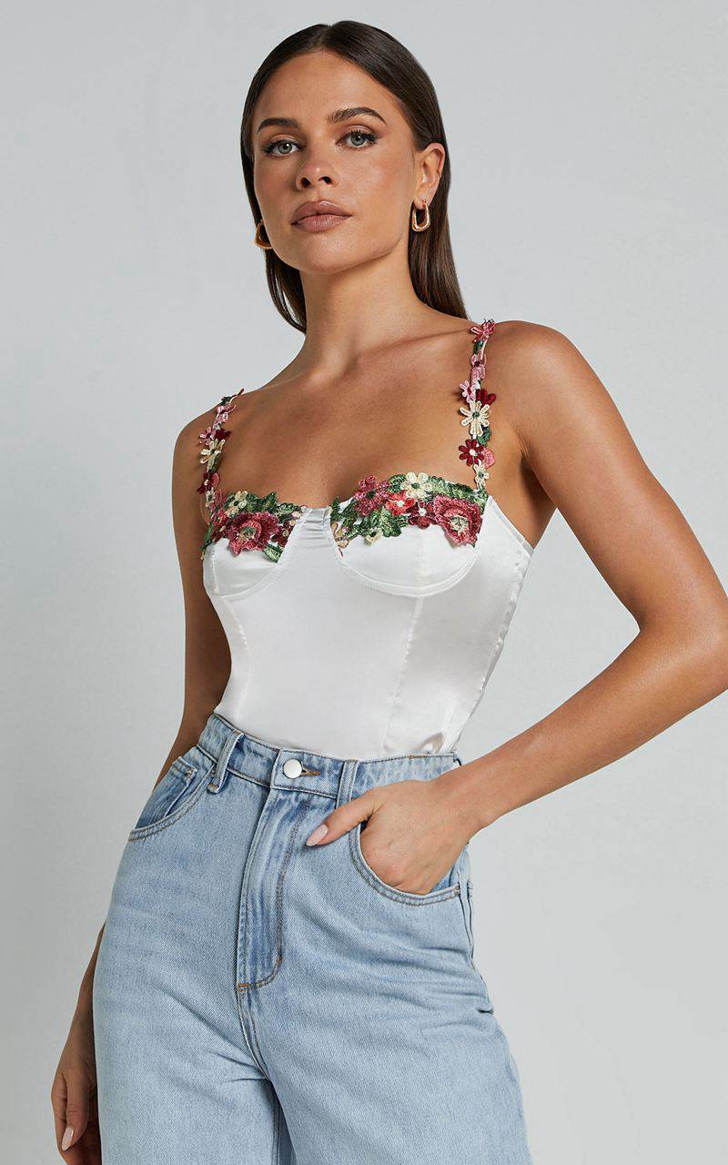 Showpo Harmony Top - Floral Detail Cup Bust Satin Crop Top White | WAYNQZ617