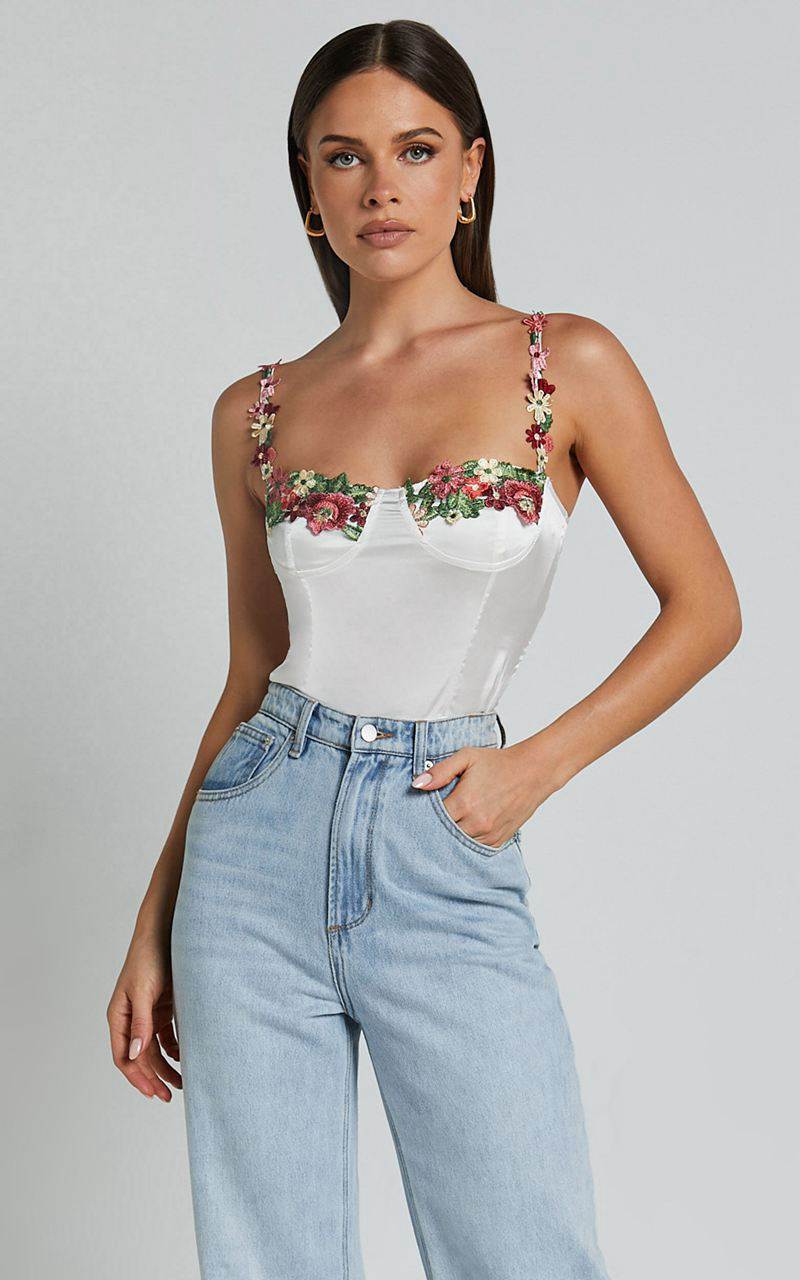 Showpo Harmony Top - Floral Detail Cup Bust Satin Crop Top White | WAYNQZ617