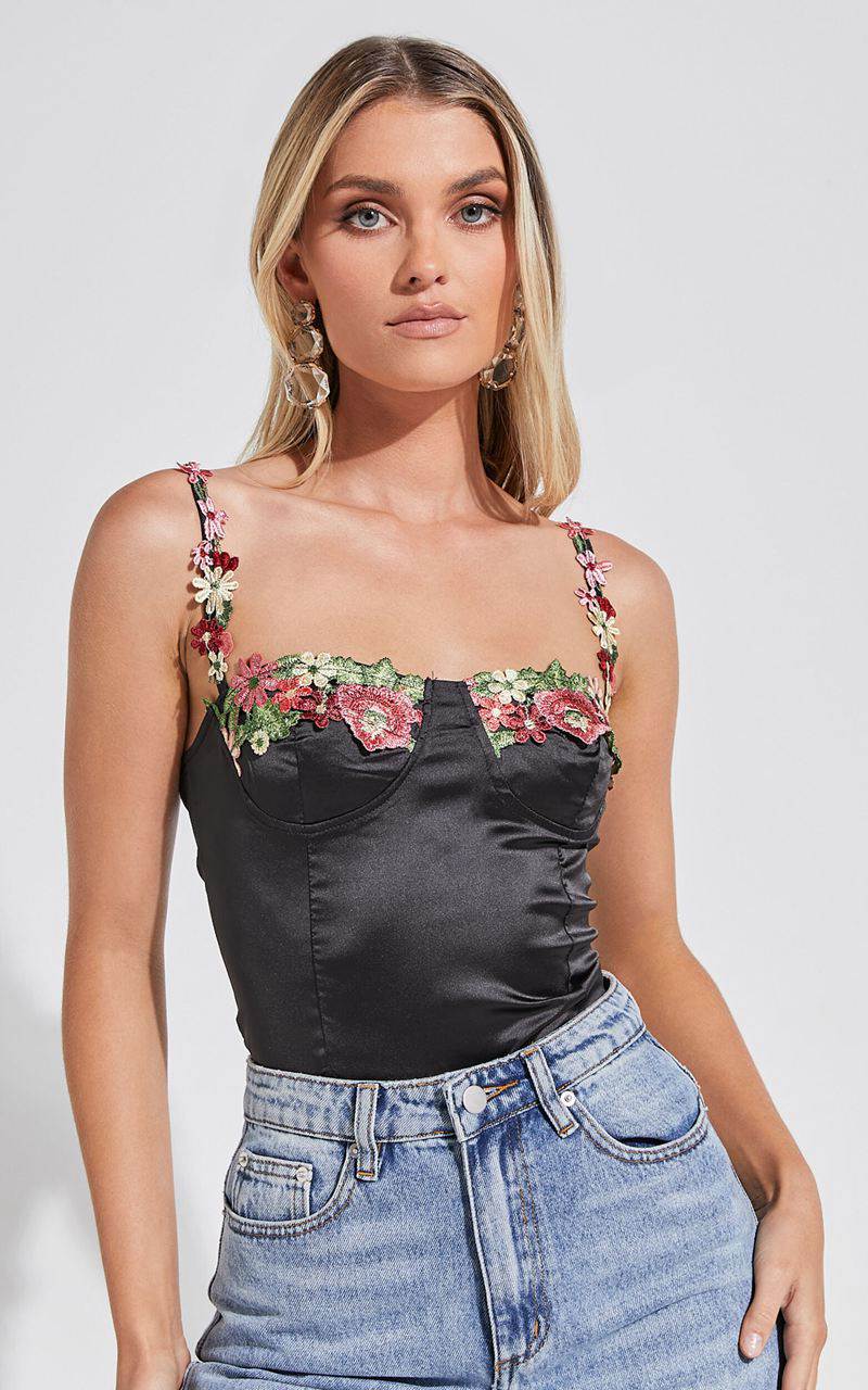 Showpo Harmony Top - Floral Detail Cup Bust Satin Crop Top Black | CFUVXD174