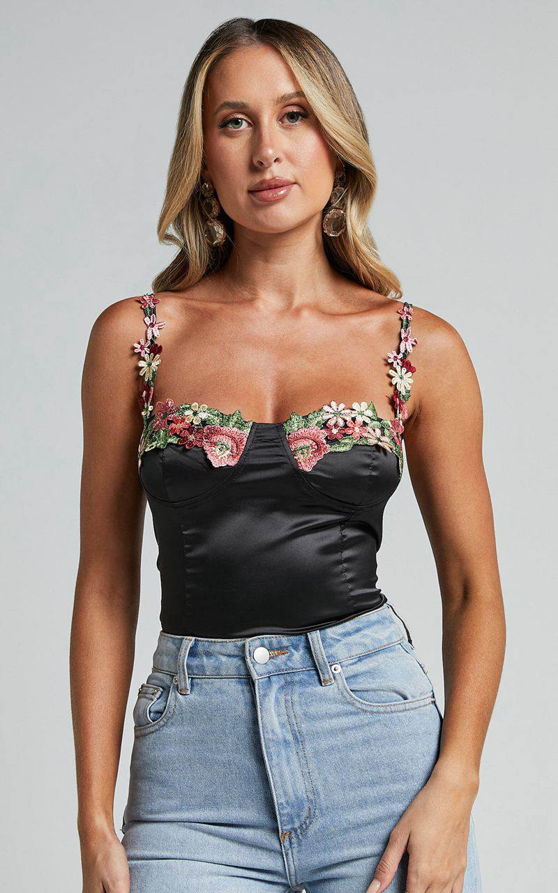 Showpo Harmony Top - Floral Detail Cup Bust Satin Crop Top Black | CFUVXD174