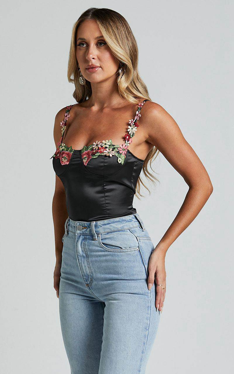 Showpo Harmony Top - Floral Detail Cup Bust Satin Crop Top Black | CFUVXD174