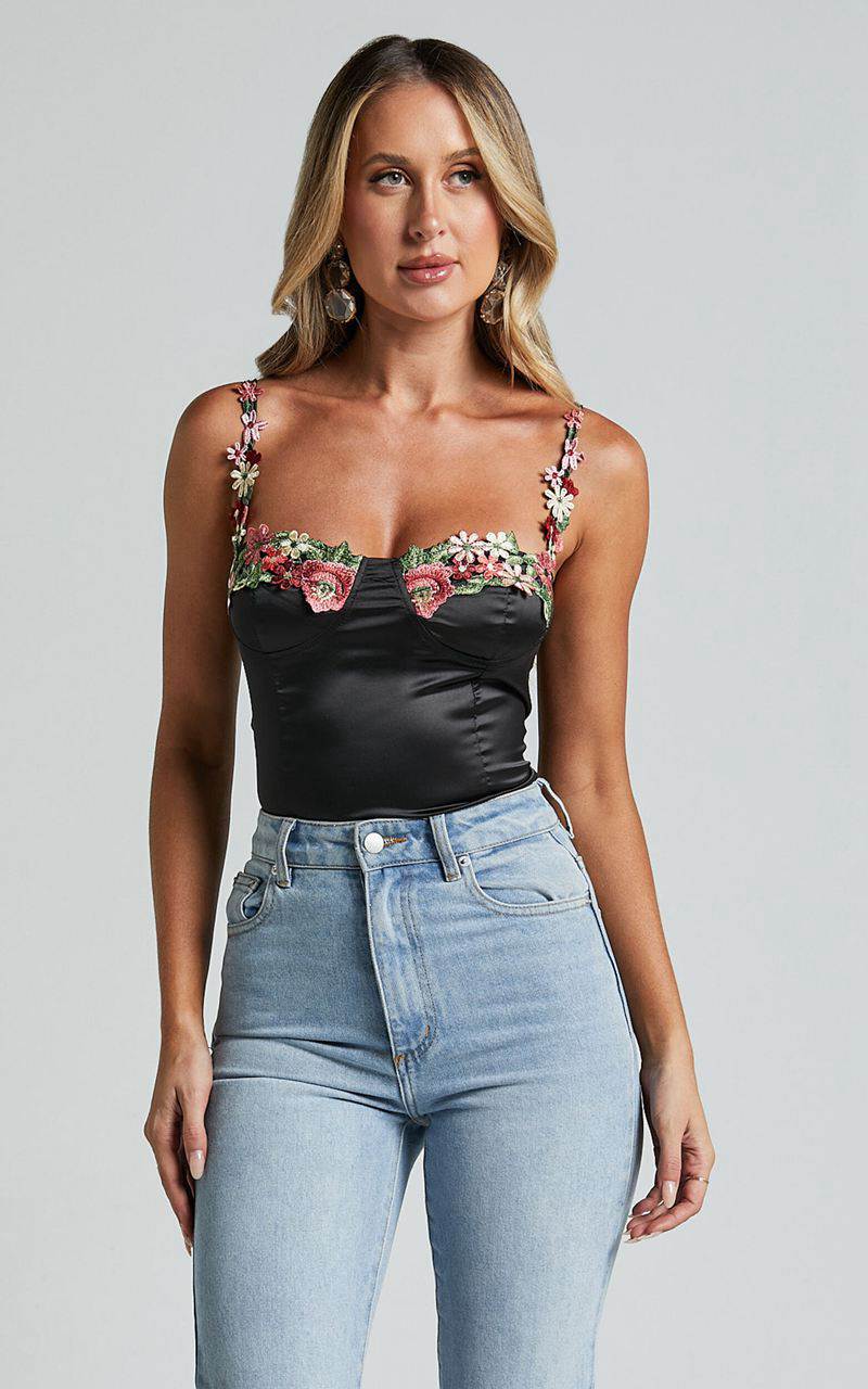 Showpo Harmony Top - Floral Detail Cup Bust Satin Crop Top Black | CFUVXD174