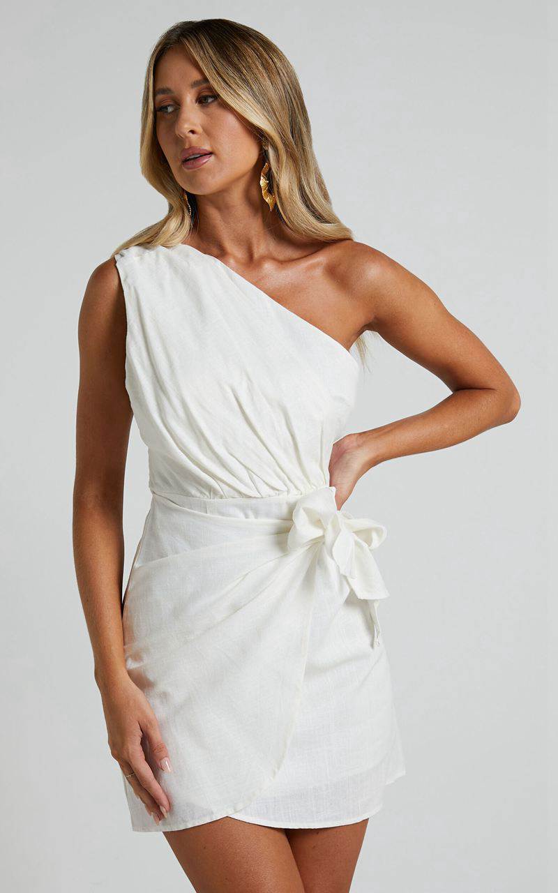 Showpo Harper Mini Dress - Linen Look One Shoulder Gathered Wrap Waist Dress White | HYEUCX421