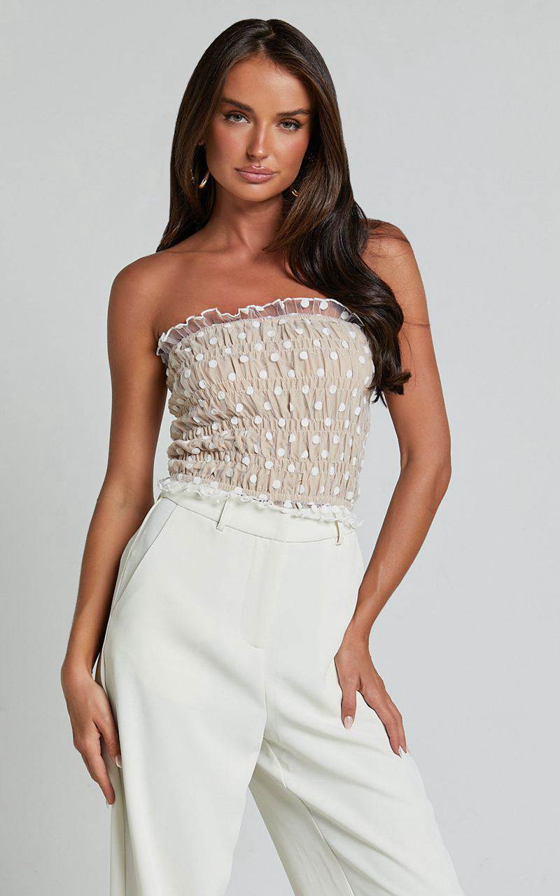 Showpo Harper Top - Frill Shirred Bandeau Crop Top White Nude | DCJTBE496