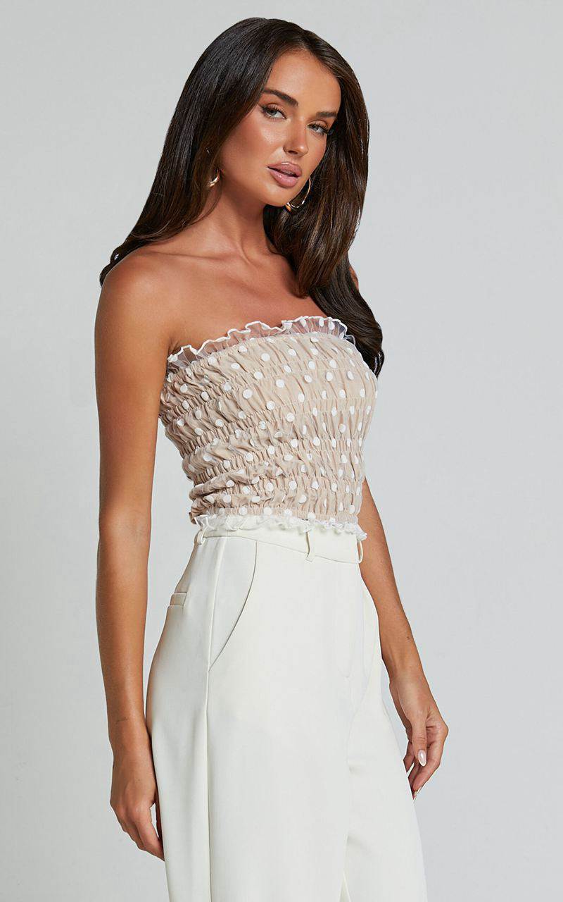 Showpo Harper Top - Frill Shirred Bandeau Crop Top White Nude | DCJTBE496