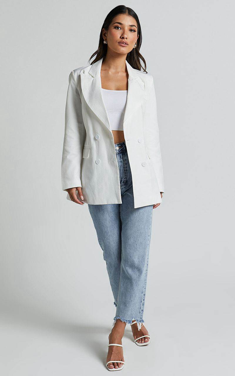 Showpo Harriet Blazer- Linen Look Double Breasted Oversized Blazer White | QBWCZE643