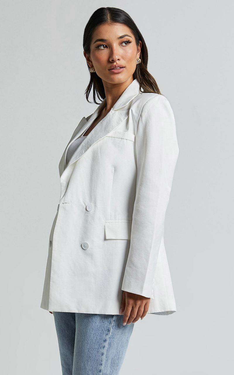 Showpo Harriet Blazer- Linen Look Double Breasted Oversized Blazer White | QBWCZE643