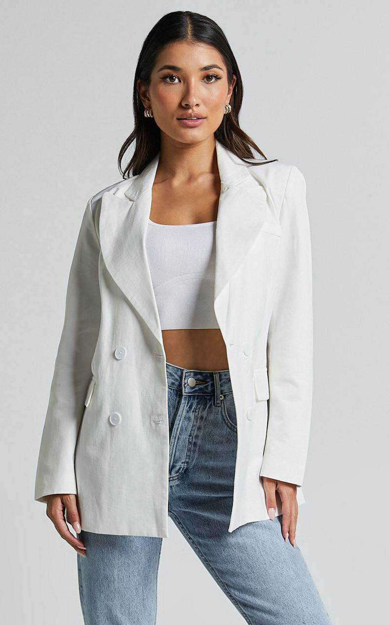 Showpo Harriet Blazer- Linen Look Double Breasted Oversized Blazer White | QBWCZE643