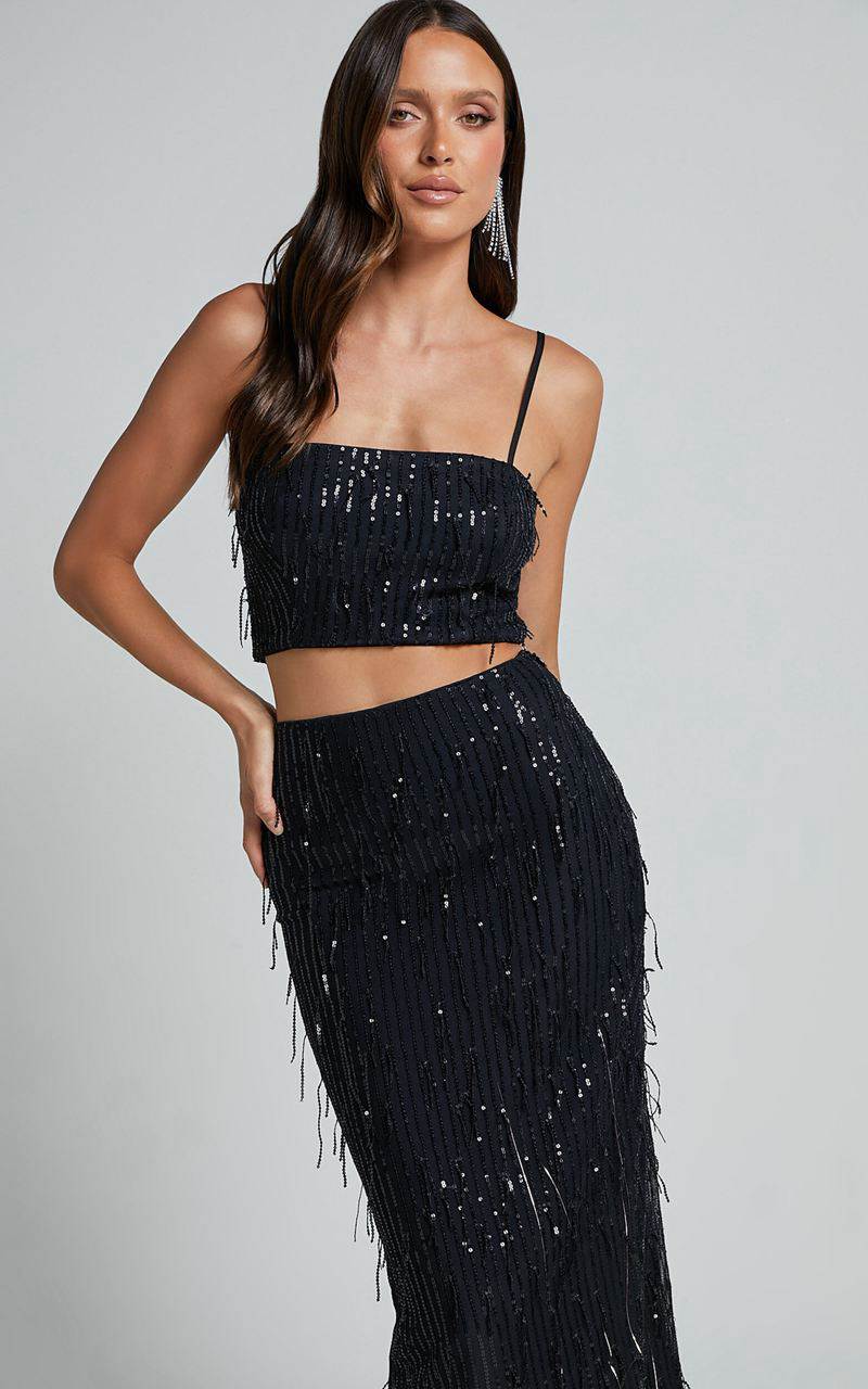 Showpo Harue Midi Skirt - High Waisted Tassel Sequin Slip Skirt Black | IWQYUR482