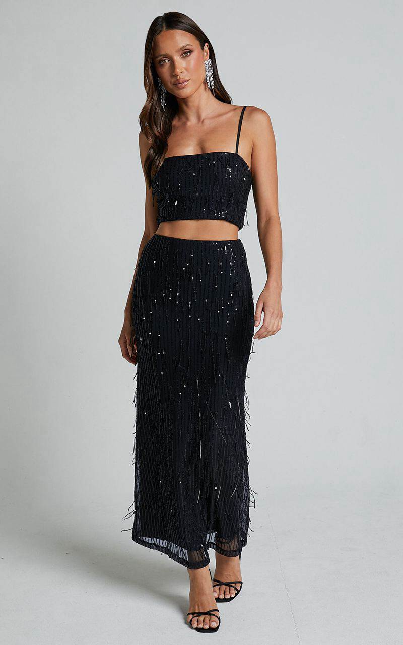 Showpo Harue Midi Skirt - High Waisted Tassel Sequin Slip Skirt Black | IWQYUR482