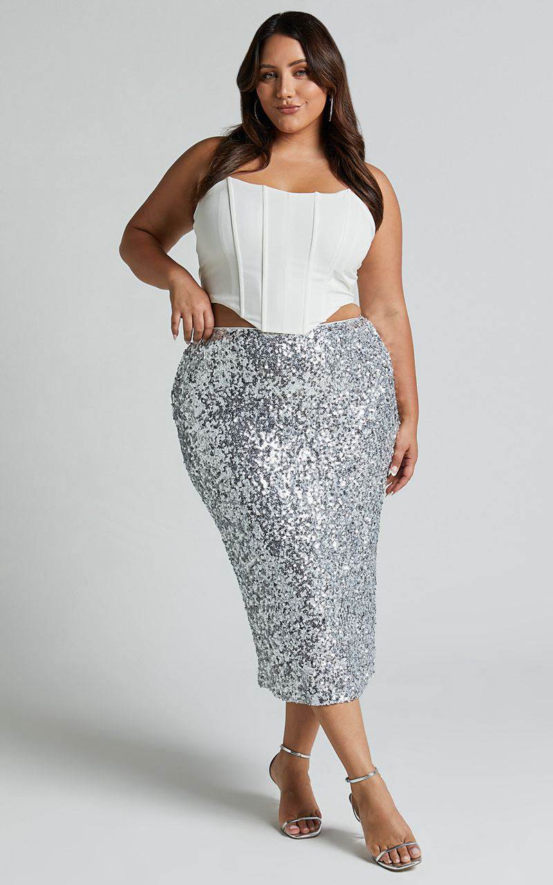 Showpo Hasley Midi Skirt - Sequin Bodycon Skirt Silver | LTNYHS071