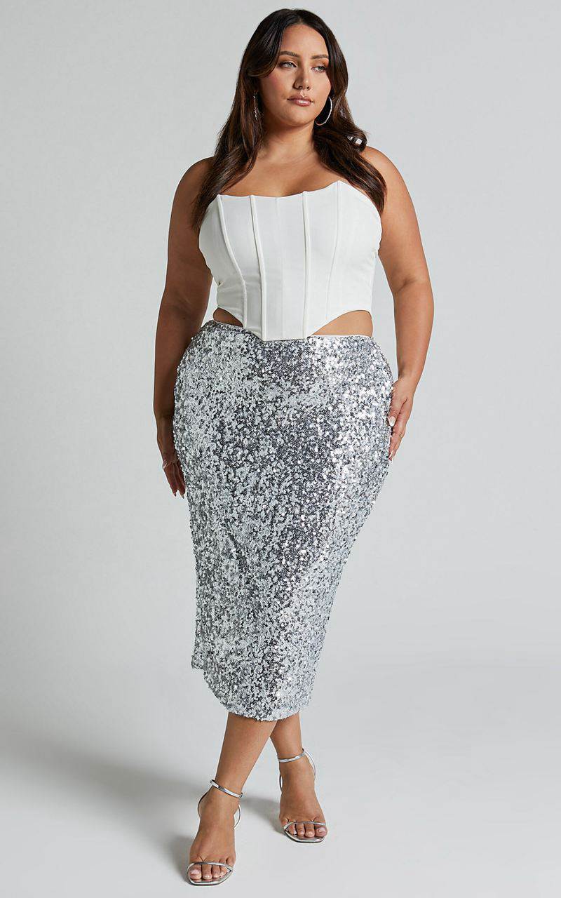 Showpo Hasley Midi Skirt - Sequin Bodycon Skirt Silver | LTNYHS071