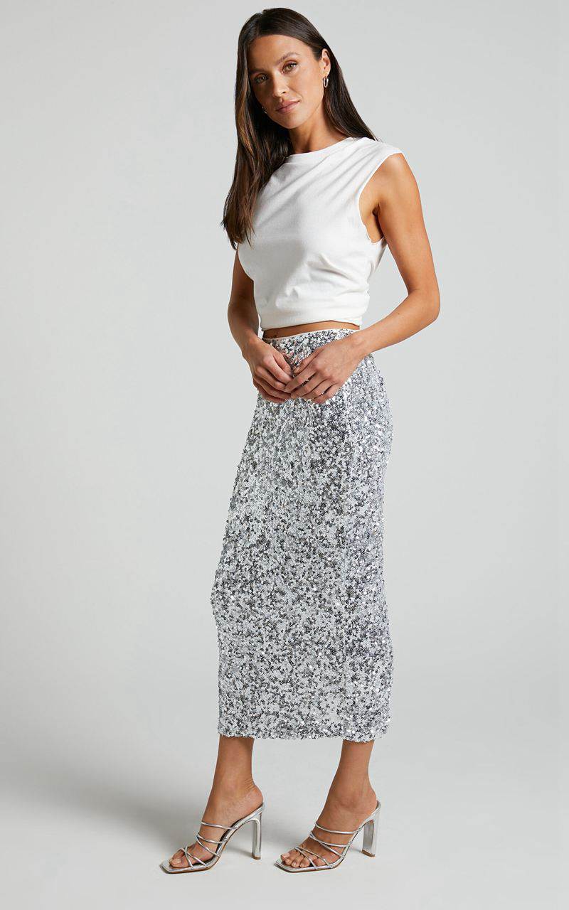 Showpo Hasley Midi Skirt - Sequin Bodycon Skirt Silver | LTNYHS071