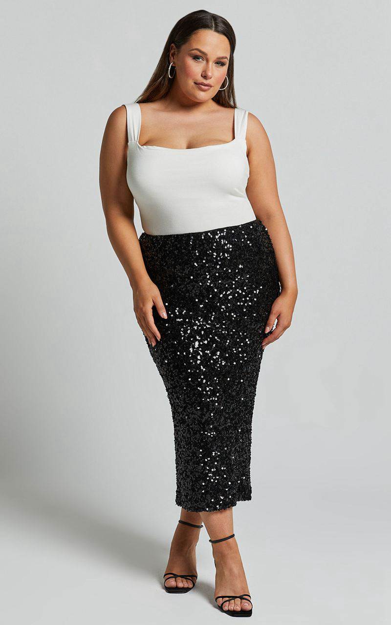 Showpo Hasley Midi Skirt - Sequin Bodycon Skirt Black | BISUCE578