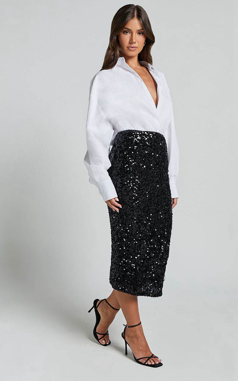 Showpo Hasley Midi Skirt - Sequin Bodycon Skirt Black | BISUCE578