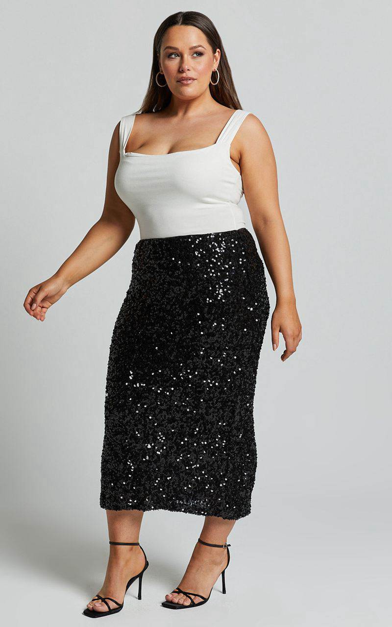 Showpo Hasley Midi Skirt - Sequin Bodycon Skirt Black | BISUCE578